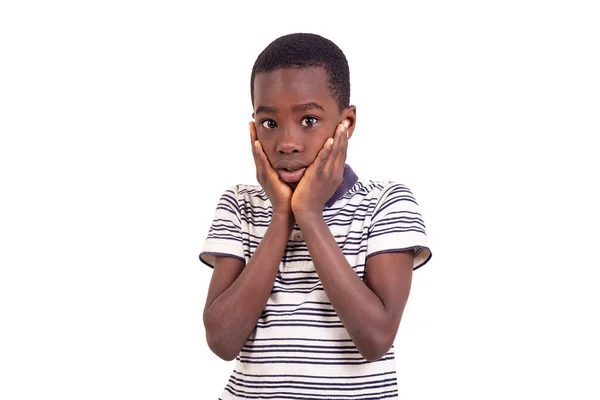 Emotioneel Portret Van Een Bange Tiener Jongen Geïsoleerd Witte Achtergrond — Stockfoto