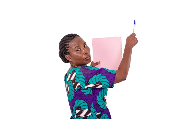Female Teacher Loincloth Dress Standing White Background Giving Presentation Blackboard — Stock Photo, Image