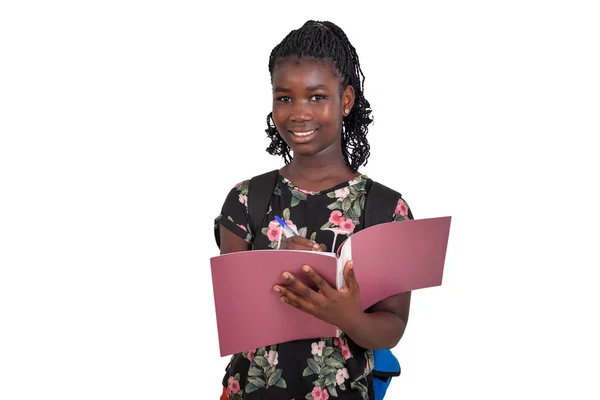 Junge Studentin Mit Rucksack Steht Auf Weißem Hintergrund Und Schreibt — Stockfoto