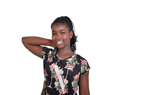 Young Girl Flowered Camisole Standing White Background Looking Camera Her — Stock Photo, Image