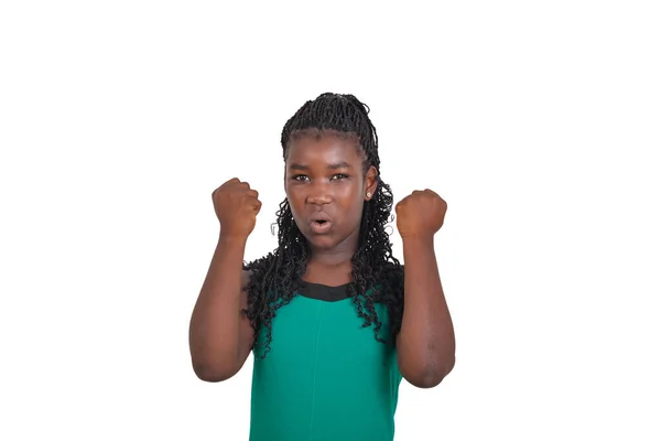 Young Female Student Green Dress Standing White Background Showing Victory — Stock Photo, Image