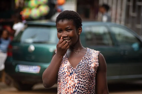 Girl Dress Standing Outdoor Hand Mouth While Looking Camera Smiling — Stok fotoğraf