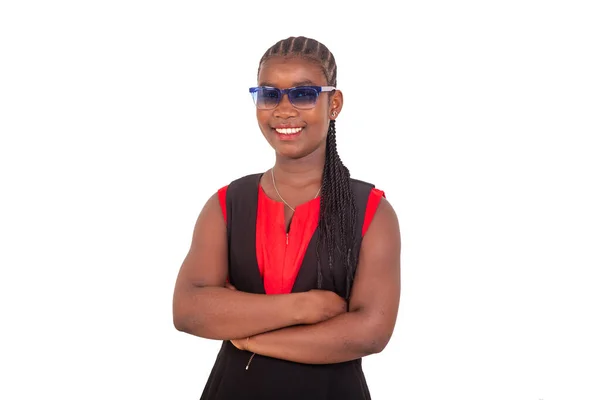 Portrait Young Teenage Girl Dark Sunglasses Standing Arms Crossed Smiling — Stock Photo, Image