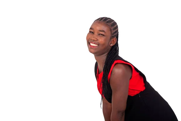 Portrait Teenage Girl Black Red Dress Crouching Smiling White Background — ストック写真