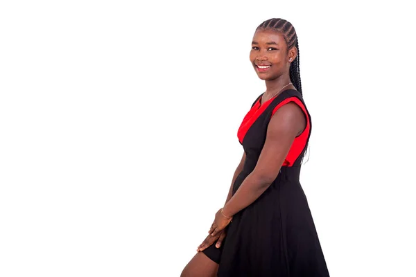 Portrait Teenage Girl Red Black Dress Smiling Looking Camera — Photo