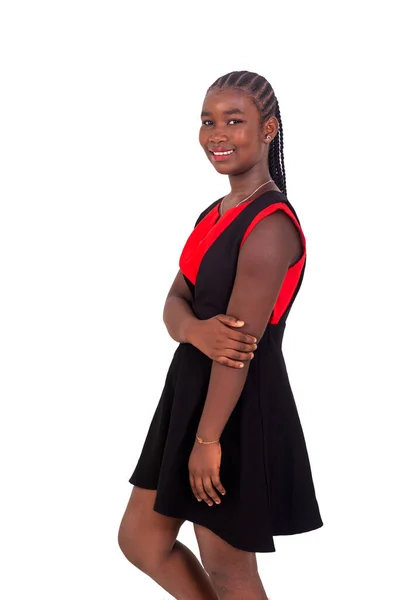 Πορτρέτο Της Έφηβης Κόκκινο Και Μαύρο Φόρεμα Χαμογελώντας Κοιτάζοντας Κάμερα — Φωτογραφία Αρχείου