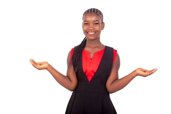 Beautiful Young African Girl Red Black Dress Standing White Background — Stock Photo, Image