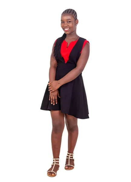 Όμορφη Νεαρή Κοπέλα Από Την Αφρική Κόκκινο Και Μαύρο Φόρεμα — Φωτογραφία Αρχείου