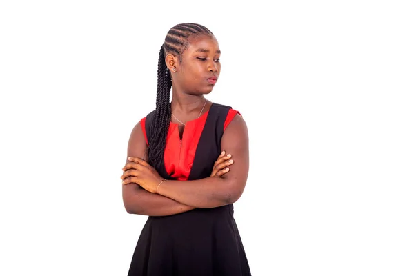 Beautiful Young African Girl Red Black Dress Crossed Arms Standing — Stock Photo, Image