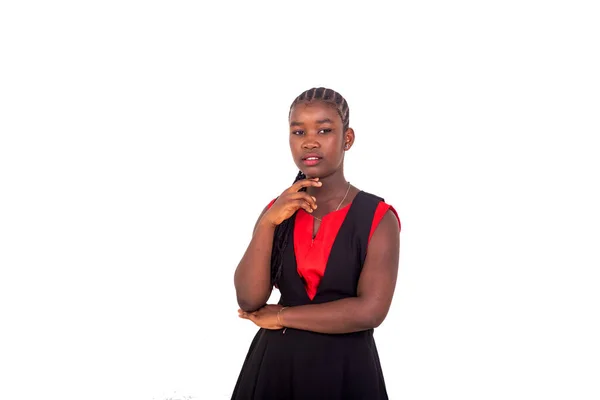 Beautiful Young African Girl Red Black Dress Standing White Background — Foto Stock