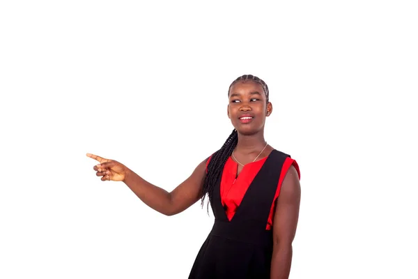 Beautiful Young African Girl Red Black Dress Standing White Background — Stock Photo, Image