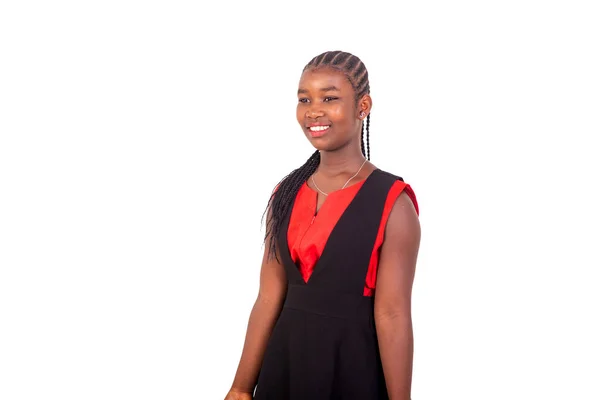 Beautiful Young African Girl Red Black Dress Standing White Background — Stock Photo, Image