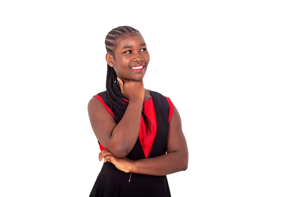 Beautiful Young African Girl Red Black Dress Standing White Background — Stock Photo, Image