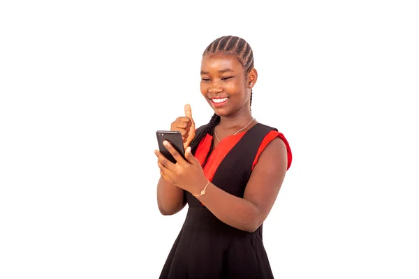 Beautiful Young Girl Red Black Clothes Standing White Background Looking — Stock Photo, Image