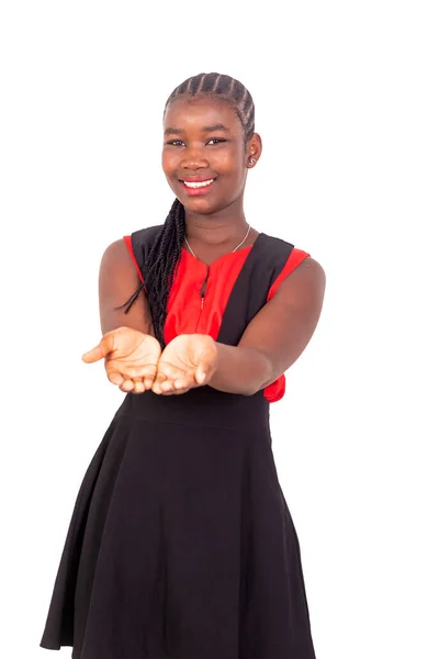 Uma Bela Menina Uma Roupa Vermelha Preta Sobre Fundo Branco — Fotografia de Stock