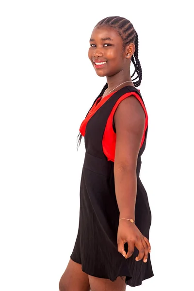 Μια Όμορφη Νεαρή Κοπέλα Κόκκινα Και Μαύρα Ρούχα Στέκεται Ένα — Φωτογραφία Αρχείου