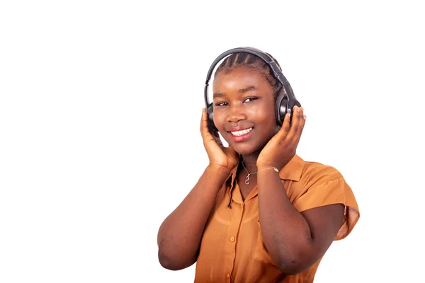 Young Girl Listening Music Headphones While Smiling — Foto de Stock