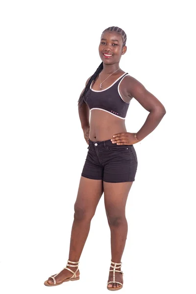 Sportswoman Hands Hip Standing White Background Looking Camera Smiling — Stockfoto