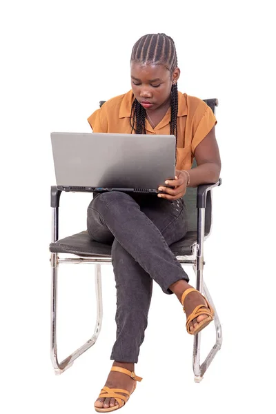 Young Female Student Jeans Pants Sitting Chair Home Working Laptop — Stock Photo, Image