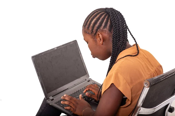 Young Female Student Jeans Pants Sitting Chair Home Working Laptop — Stock Photo, Image