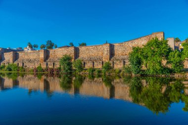 İspanya, Merida 'da Guadiana nehrinin yanındaki Alcazaba kalesi.