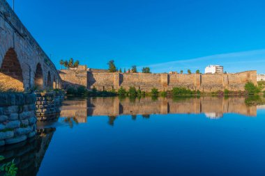 İspanya, Merida 'da Guadiana nehrinin yanındaki Alcazaba kalesi.
