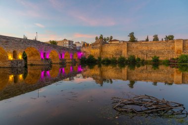 İspanya 'nın Merida kentindeki Alcazaba kalesine giden Guadiana nehri üzerindeki Roma köprüsünün günbatımı manzarası
