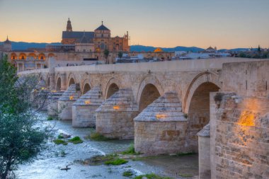 İspanya 'nın Cordoba şehrinde, ufukta La mezquita katedrali olan eski Roma köprüsünün günbatımı manzarası.