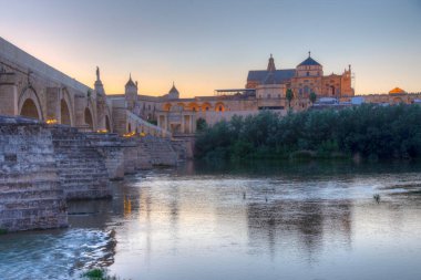 İspanya 'nın Cordoba şehrinde, ufukta La mezquita katedrali olan eski Roma köprüsünün günbatımı manzarası.