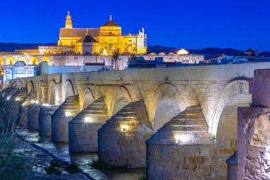 İspanya 'nın Cordoba şehrinde, ufukta La mezquita katedrali olan eski Roma köprüsünün günbatımı manzarası.