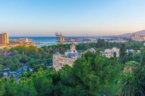 Vista Aérea Atardecer Del Ayuntamiento Ciudad Española Malaga —  Fotos de Stock