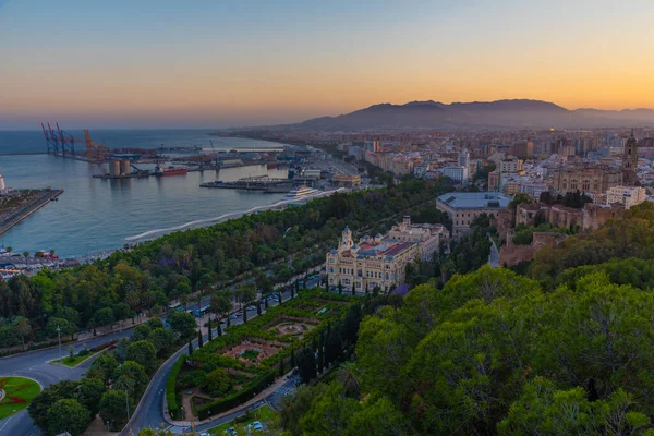 Zonsondergang Luchtfoto Van Haven Van Malaga Tijdens Zonsondergang — Stockfoto