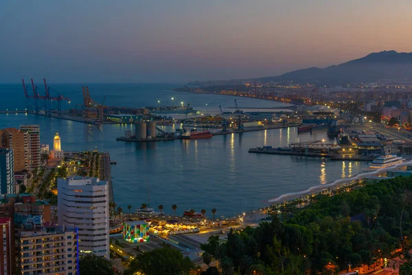 Vista Aérea Atardecer Del Puerto Malaga Durante Atardecer — Foto de Stock