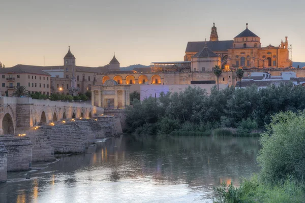 Sunset view of the old roman bridge in the spanish city cordoba with the la mezquita cathedral on horizon