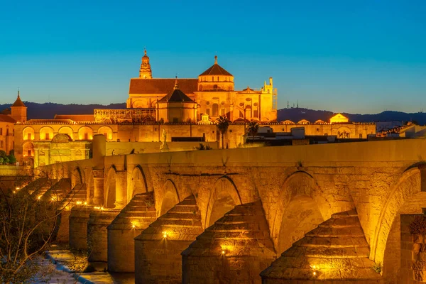 Sunset view of the old roman bridge in the spanish city cordoba with the la mezquita cathedral on horizon