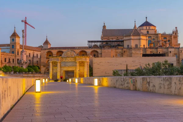 İspanya 'nın Cordoba şehrinde, ufukta La mezquita katedrali olan eski Roma köprüsünün gündoğumu manzarası.