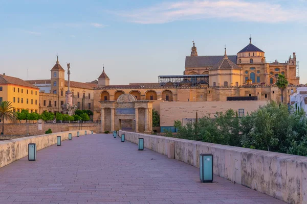 İspanya 'nın Cordoba şehrinde, ufukta La mezquita katedrali olan eski Roma köprüsünün gündoğumu manzarası.