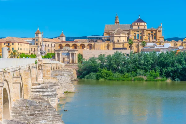 İspanya 'nın Cordoba şehrindeki eski Roma köprüsünde ufukta La mezquita katedrali var.
