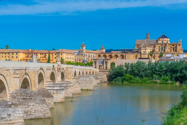 Oude Romeinse Brug Spaanse Stad Cordoba Met Mezquita Kathedraal Aan — Stockfoto