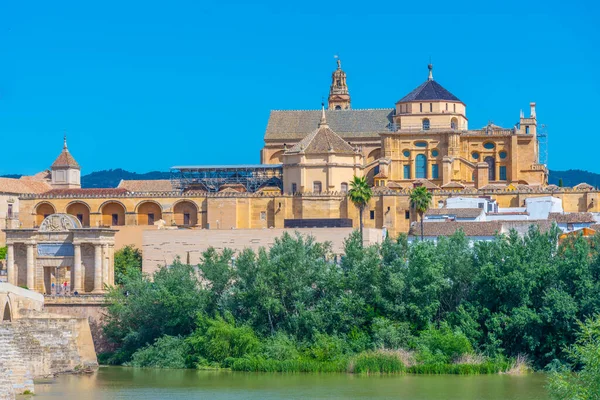 İspanya 'nın Cordoba şehrindeki eski Roma köprüsünde ufukta La mezquita katedrali var.