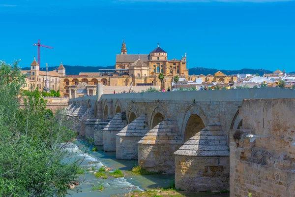 İspanya 'nın Cordoba şehrindeki eski Roma köprüsünde ufukta La mezquita katedrali var.