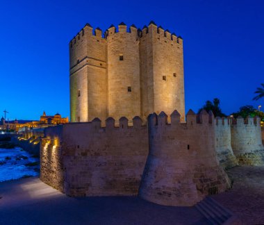 İspanya 'nın Cordob şehrindeki La mezquita katedrali ve kalahorra kulesiyle Guadalquivir nehri üzerindeki aydınlatılmış Roma köprüsünün gece görüşü.