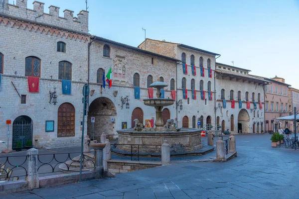 Sunrise Piazza Del Comune Center Italian Town Assisi — Stock Photo, Image