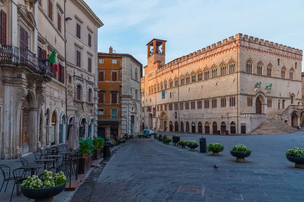 Soluppgång Över Palazzo Dei Priori Den Gamla Staden Perugia Italien — Stockfoto