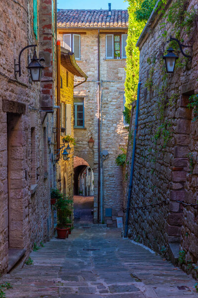 Narrow street in the old town of Gubbio in Italy.