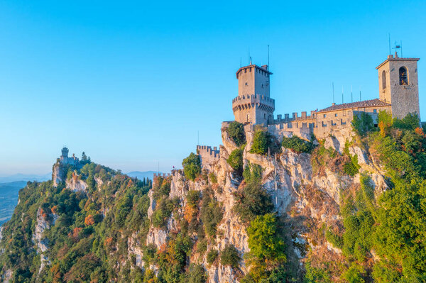 Aerial view of San Marino dominated by Torre Montale and Torre Cesta.