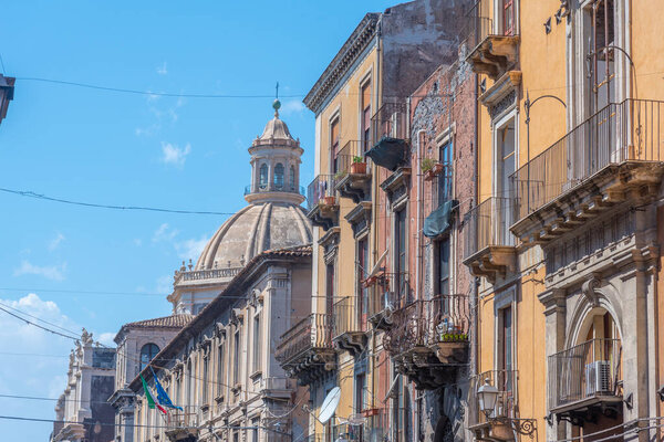 Facades of traditional houses in the Sicilian town Catania, Italy.