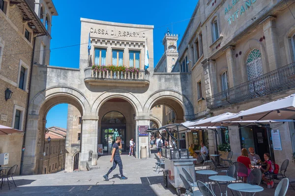 Citta di San Marino, San Marino, 2 Eylül 2021: Casa di risparmio San Marino 'nun tarihi merkezi.