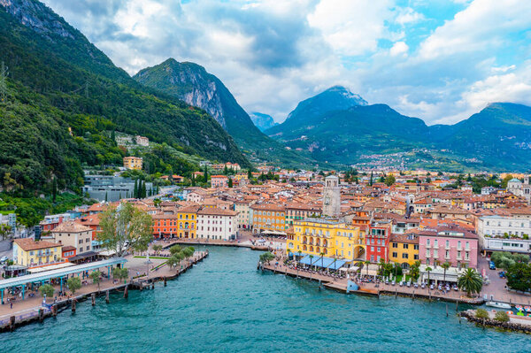 Riva del Garda, Italy, August 27, 2021: Lakeside promenade at Riva del Garda in Italy.