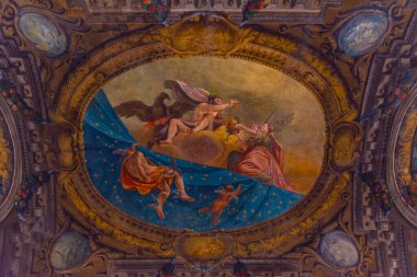 Bologna, İtalya, 21 Eylül 2021: İtalya 'nın Bologna kentindeki Palazzo Comunale' de tavan.